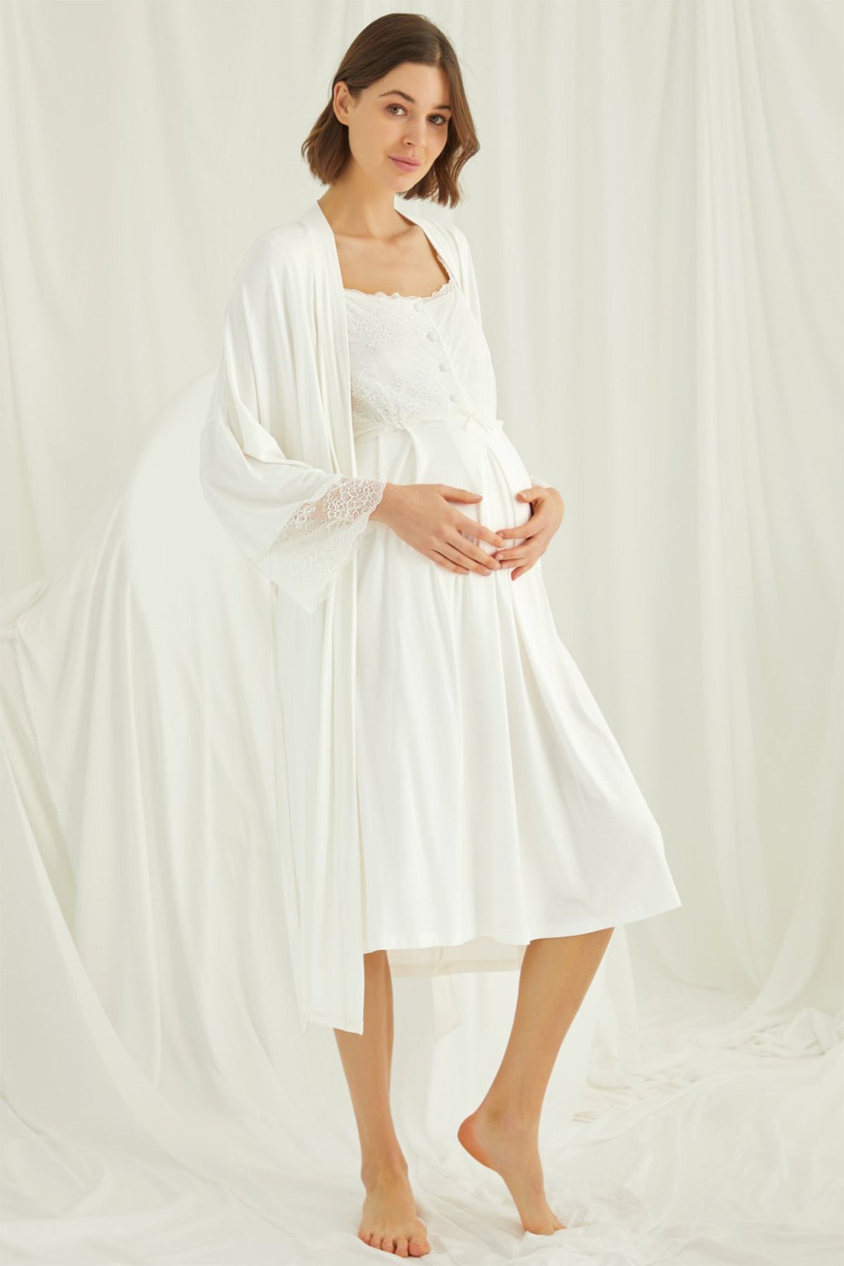 Lace Shoulder Maternity-Nursing Nightgown & Robe Set Ecru - 18202