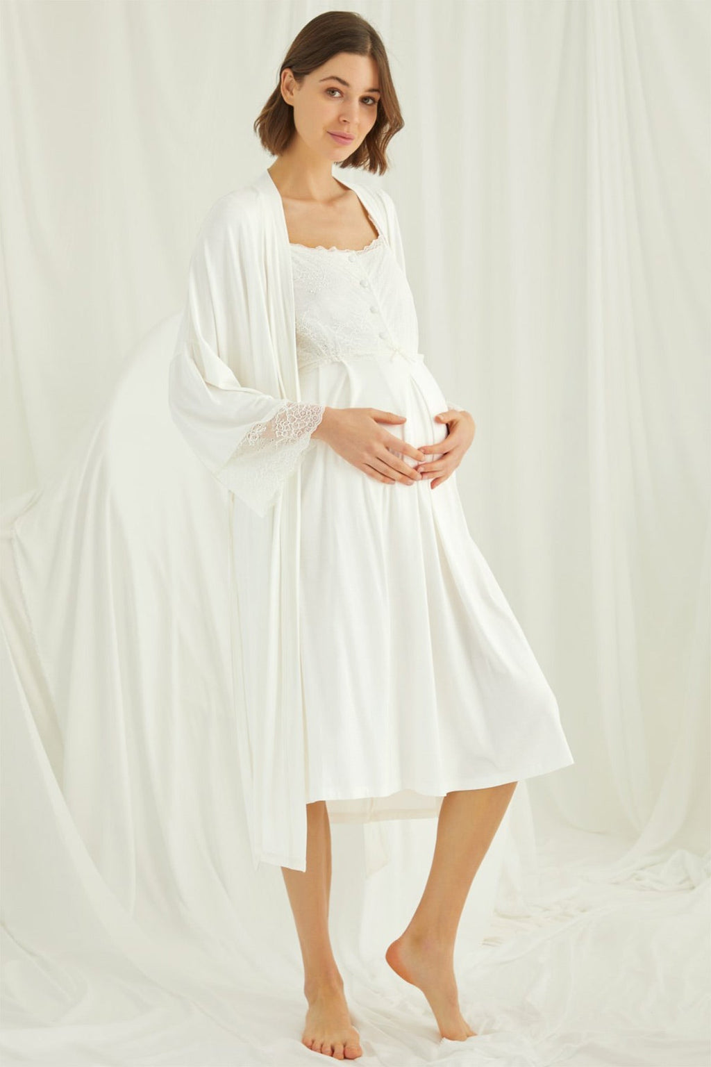 Lace Shoulder 4-Piece Maternity-Nursing Set Ecru - 202303