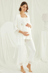 Lace Shoulder 3-Piece Maternity-Nursing Pajama & Robe Set Ecru - 18203