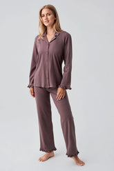 Pleated Sleeve Cotton Maternity & Nursing Pajama Set Coffee - 18203