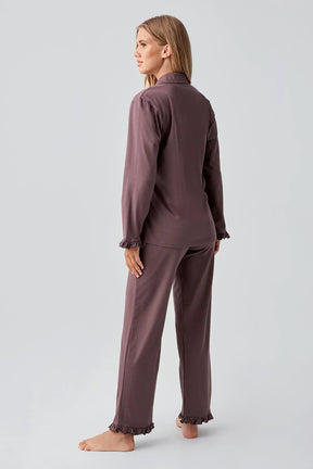 Pleated Sleeve Cotton Maternity & Nursing Pajama Set Coffee - 18203