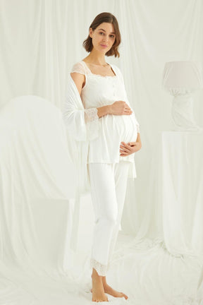 Lace Shoulder 3-Piece Maternity-Nursing Pajama & Robe Set Ecru - 18203