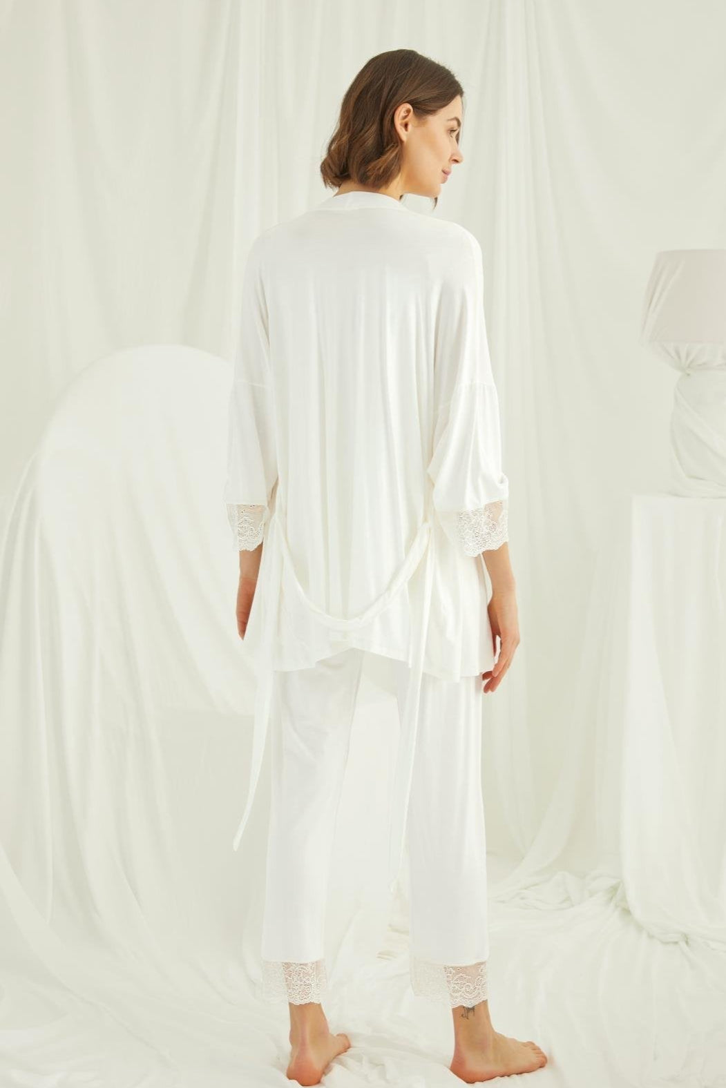 Lace Shoulder 3-Piece Maternity Feeding-Friendly Pajama & Robe Set Ecru - E18203