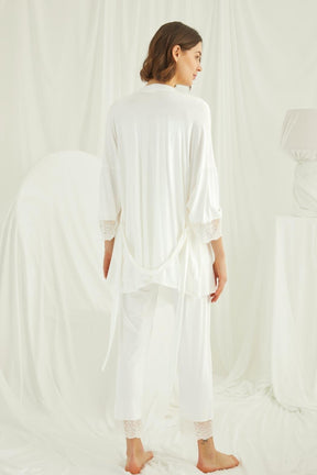 Lace Shoulder 3-Piece Maternity-Nursing Pajama & Robe Set Ecru - 18203