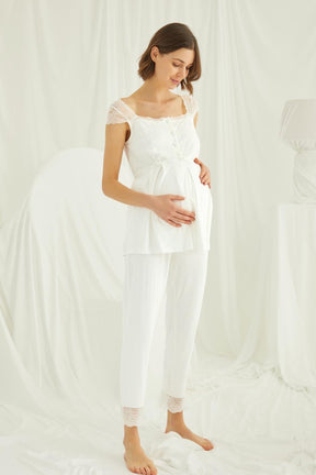 Lace Shoulder 3-Piece Maternity-Nursing Pajama & Robe Set Ecru - 18203