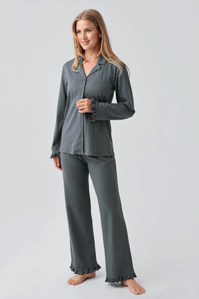 Pleated Sleeve Cotton Maternity & Nursing Pajama Set Green - 18203