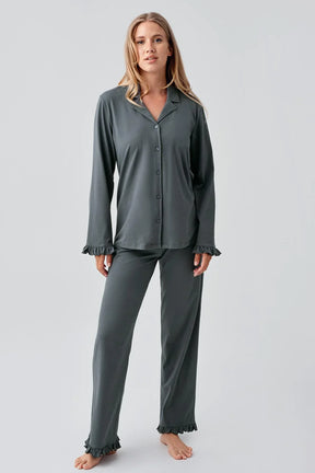 Pleated Sleeve Cotton Maternity & Nursing Pajama Set Green - 18203