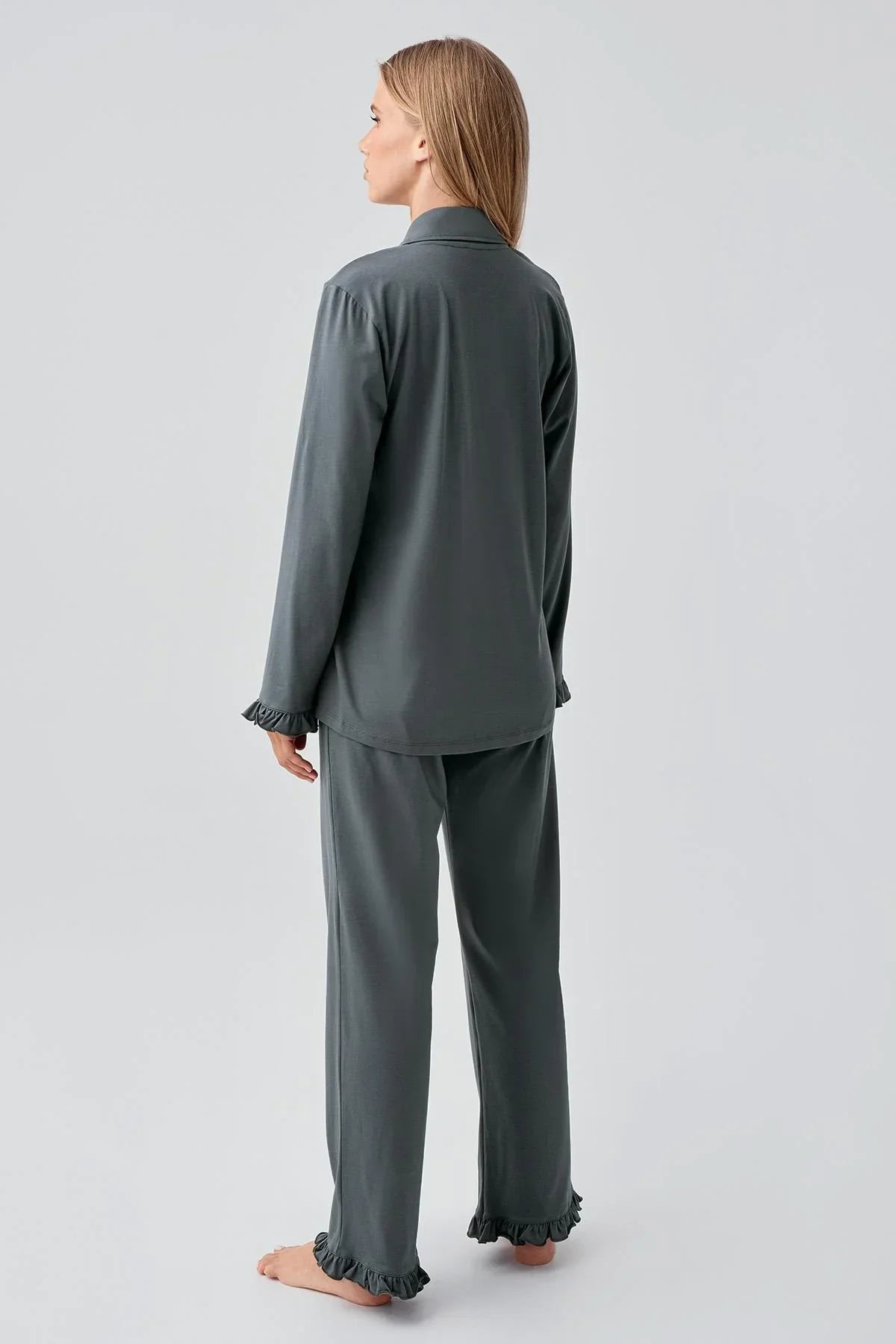 Pleated Sleeve Cotton Maternity & Nursing Pajama Set Green - 18203