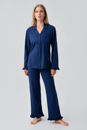 Pleated Sleeve Cotton Maternity & Nursing Pajama Set Navy Blue - 18203