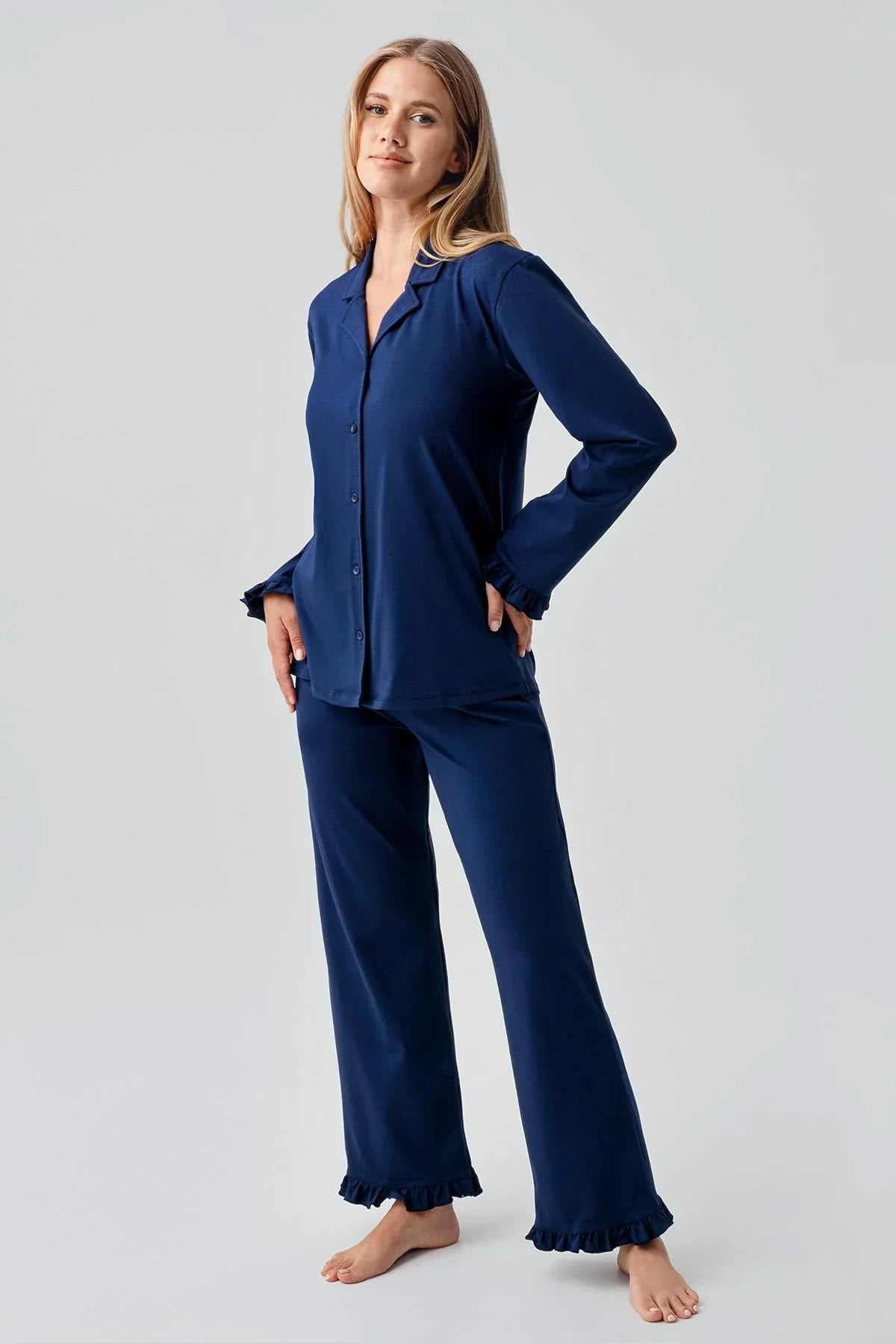 Pleated Sleeve Cotton Maternity & Nursing Pajama Set Navy Blue - 18203