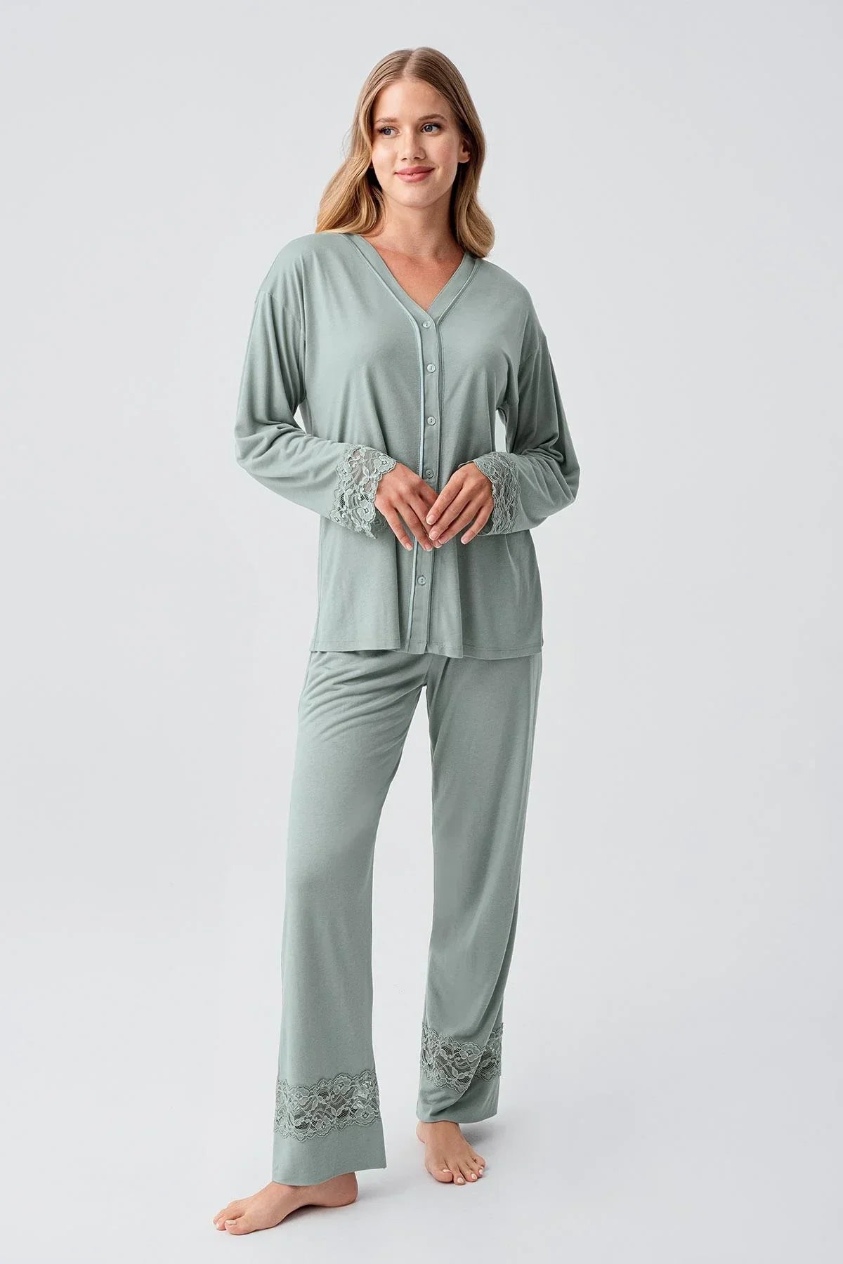 Lace Sleeve Maternity & Nursing Pajama Set Green - 18206