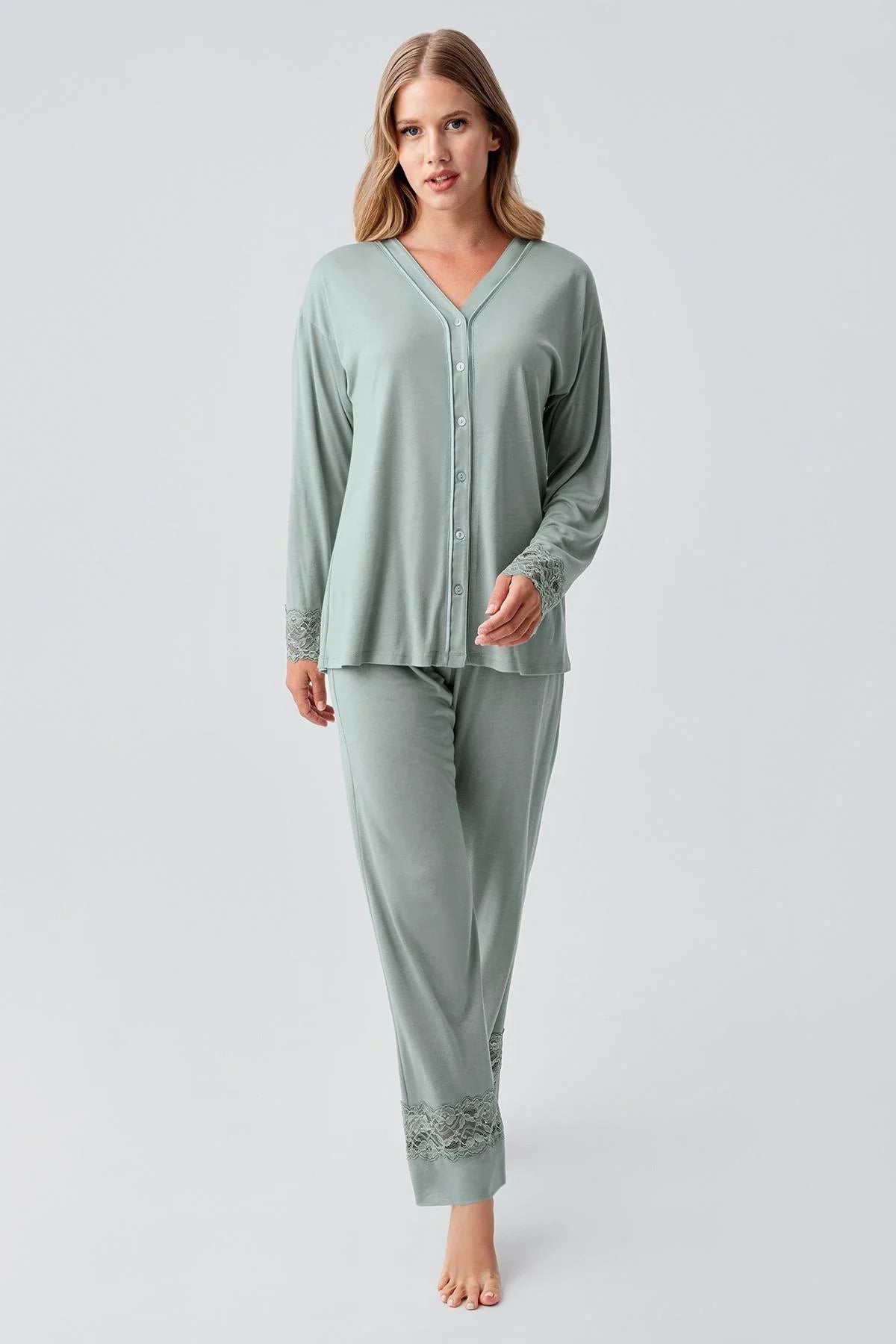 Lace Sleeve Maternity & Nursing Pajama Set Green - 18206