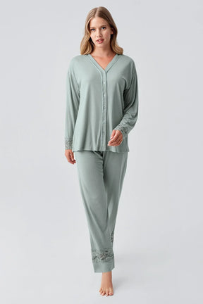 Lace Sleeve Maternity & Nursing Pajama Set Green - 18206