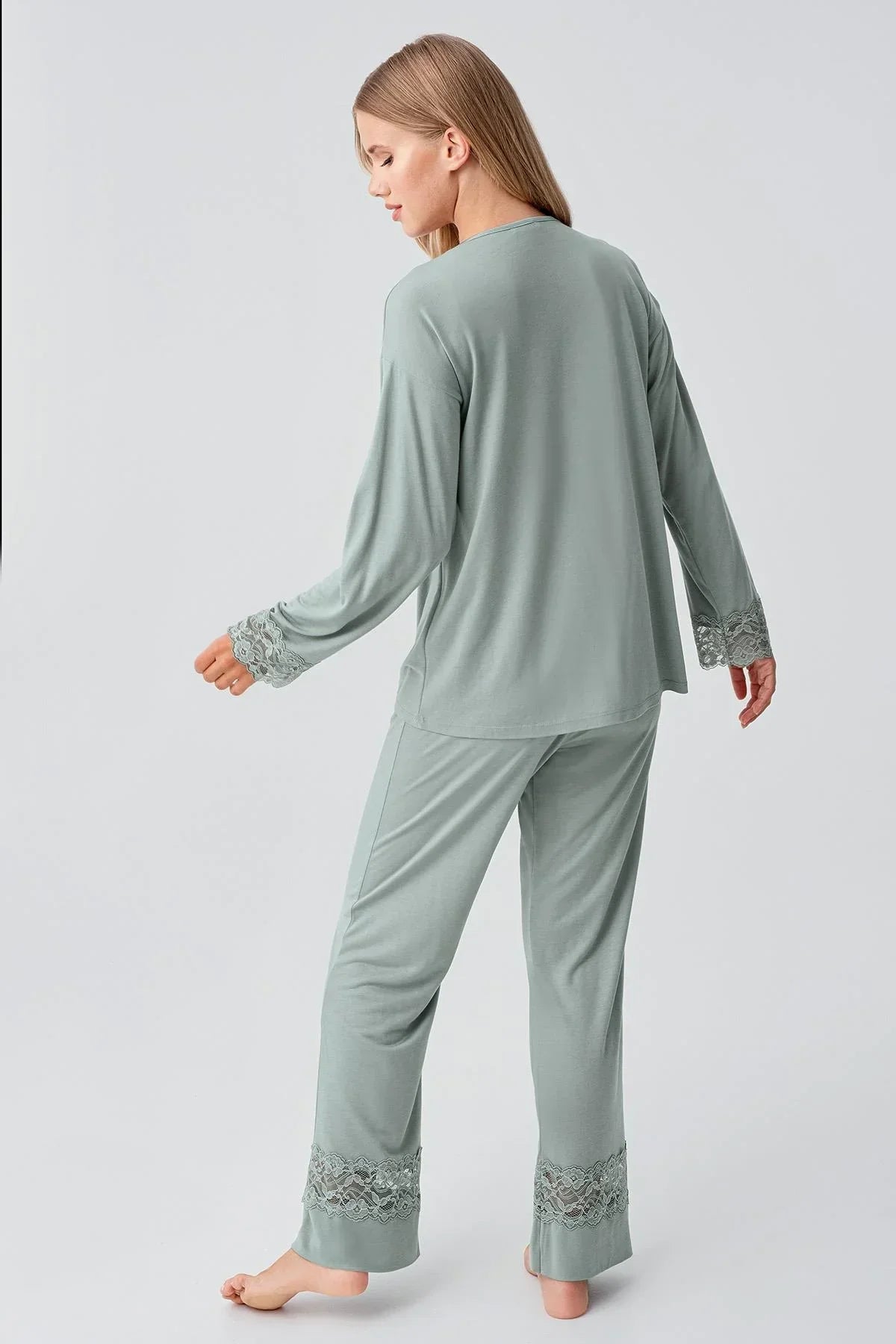 Lace Sleeve Maternity & Nursing Pajama Set Green - 18206