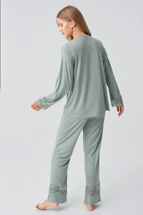 Lace Sleeve Maternity & Nursing Pajama Set Green - 18206