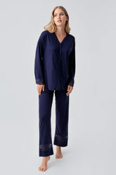 Lace Sleeve Maternity & Nursing Pajama Set Navy Blue - 18206