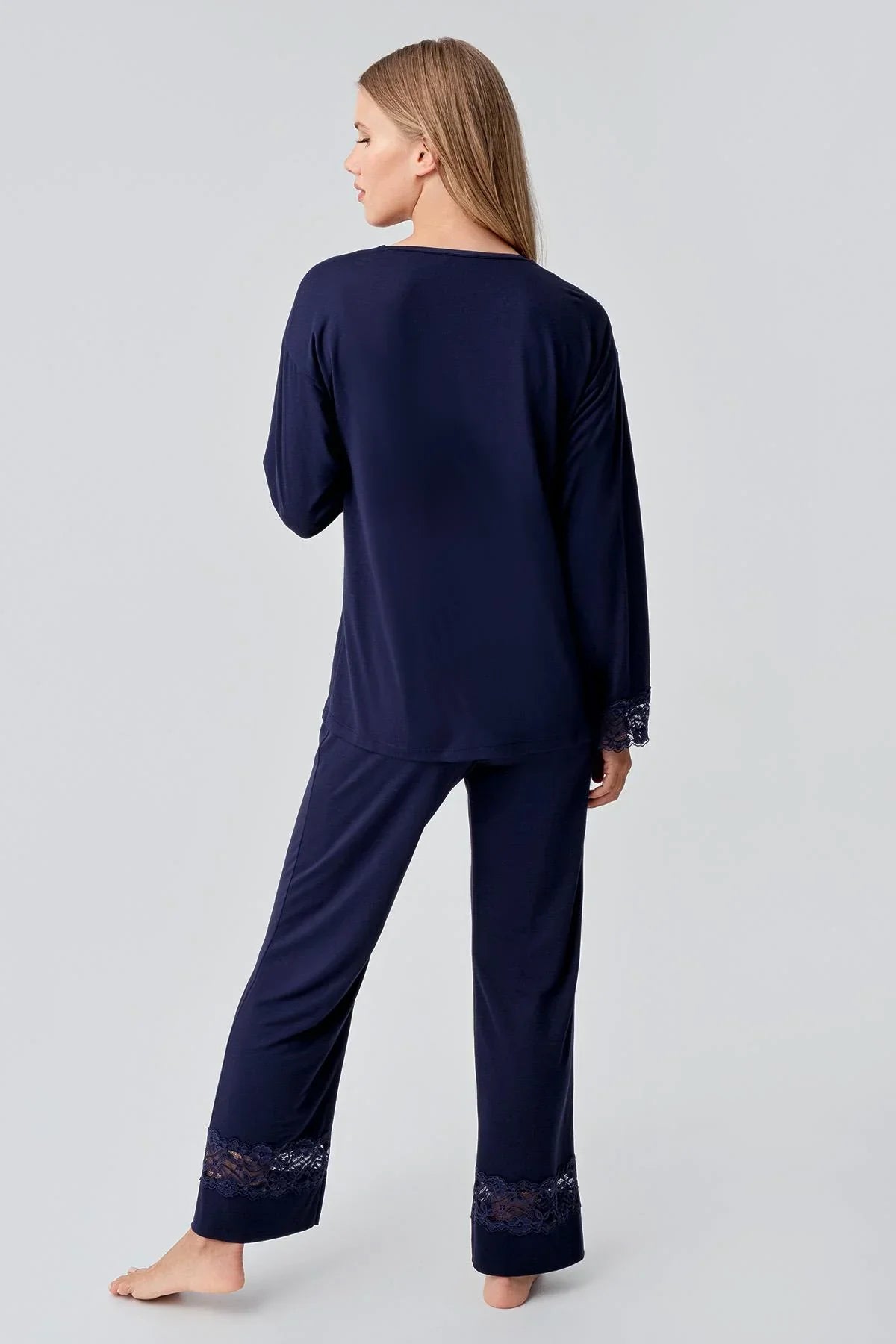 Lace Sleeve Maternity & Nursing Pajama Set Navy Blue - 18206