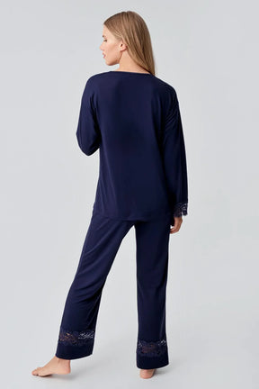 Lace Sleeve Maternity & Nursing Pajama Set Navy Blue - 18206