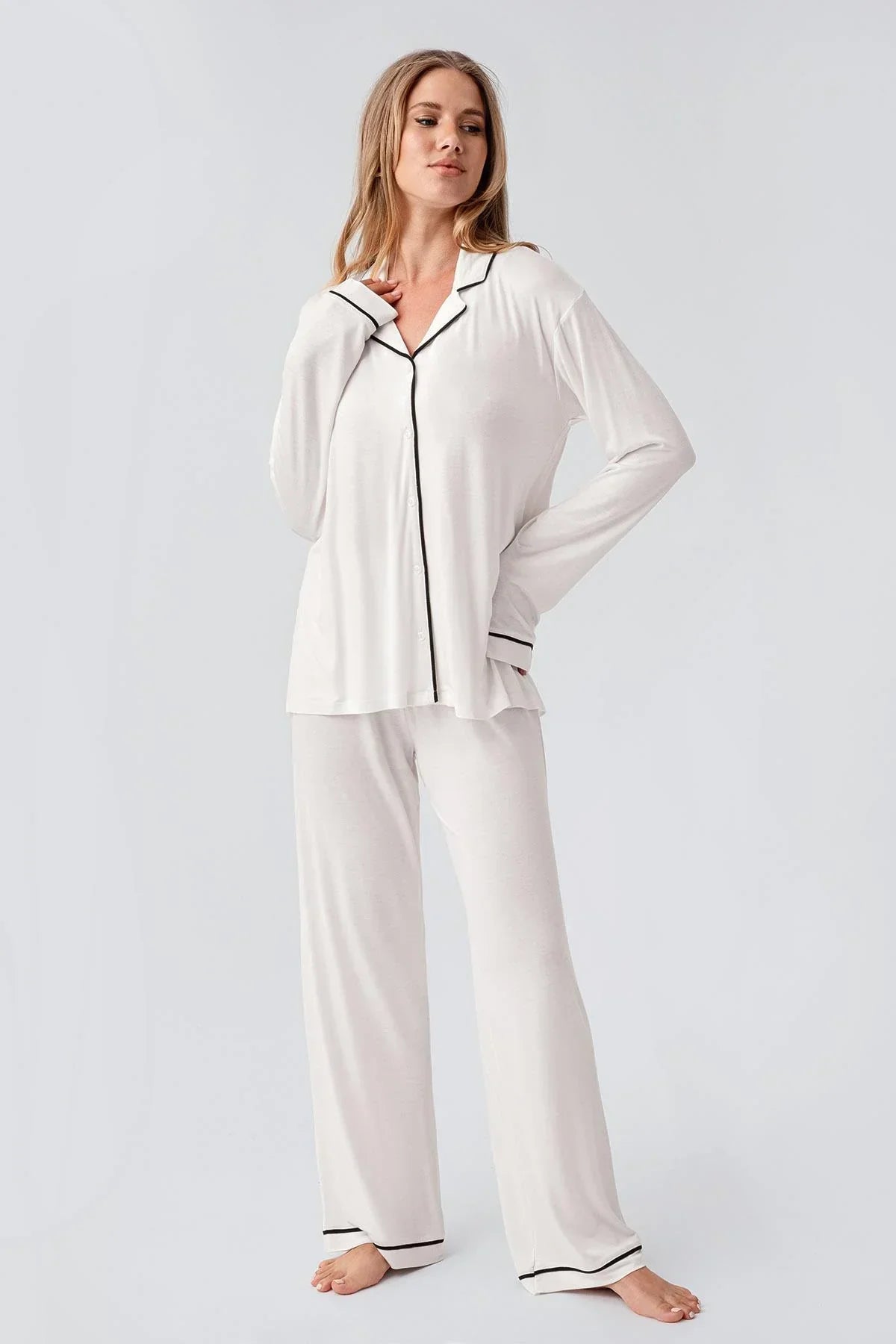 Bias Detailed Maternity & Nursing Pajama Set Ecru - 18207