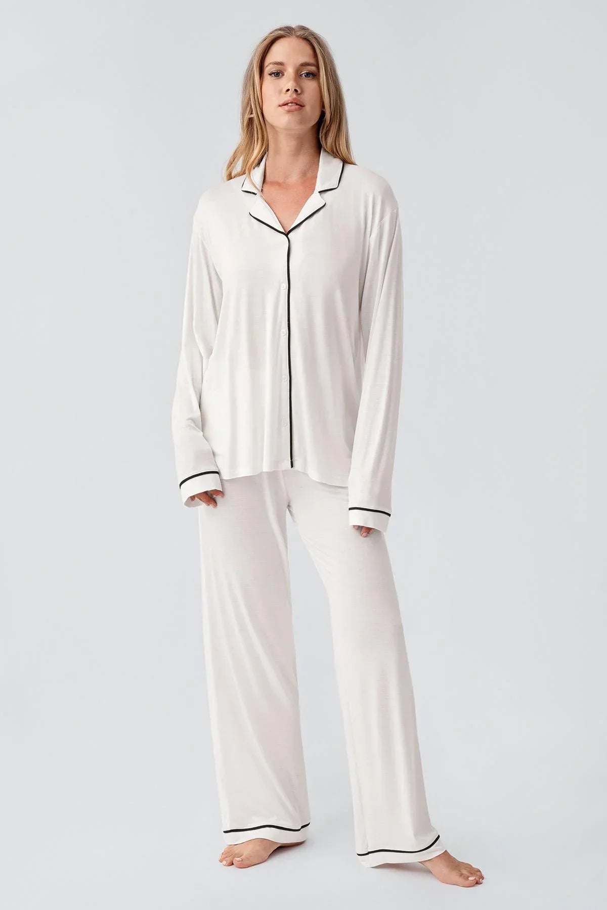 Bias Detailed Maternity & Nursing Pajama Set Ecru - 18207