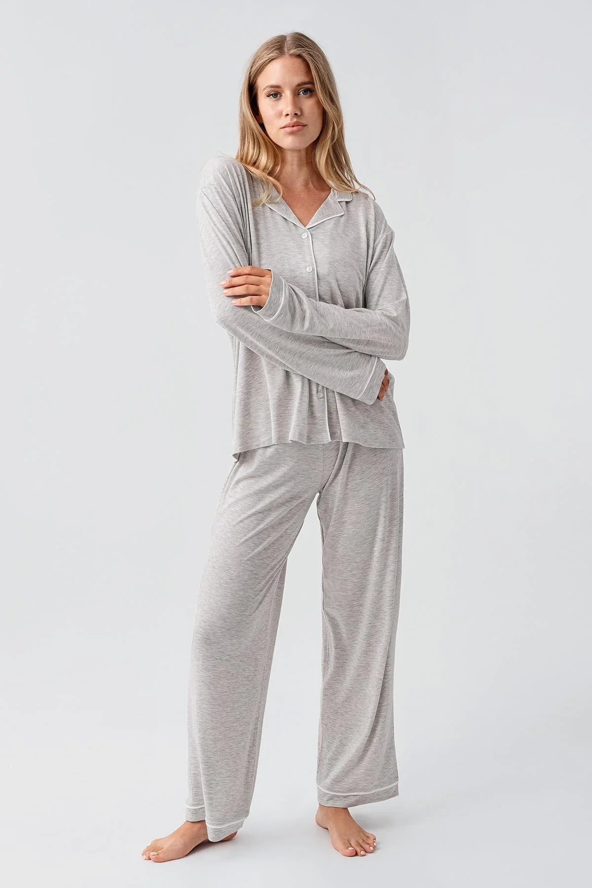 Bias Detailed Maternity & Nursing Pajama Set Grey - 18207