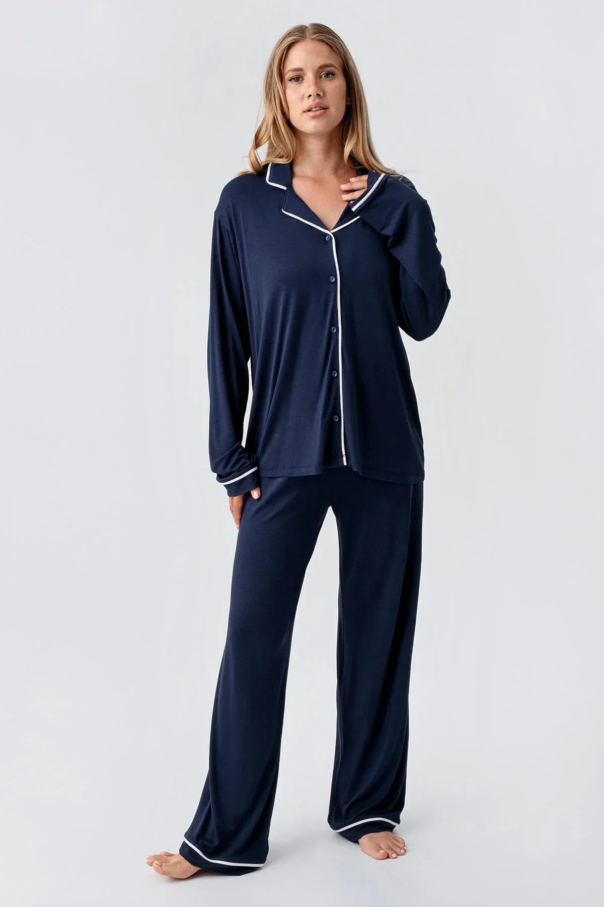 Bias Detailed Maternity & Nursing Pajama Set Navy Blue - 18207