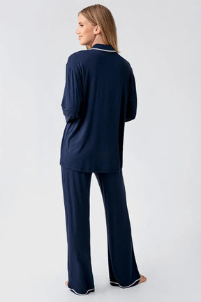 Bias Detailed Maternity & Nursing Pajama Set Navy Blue - 18207