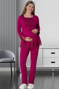 Lace Sleeve Maternity & Nursing Pajama Set Fuchsia - 1820