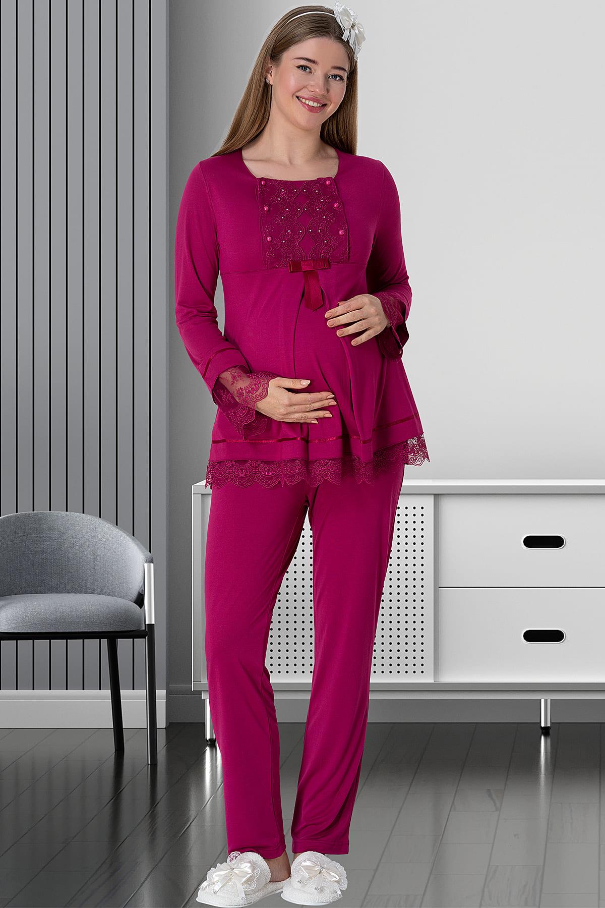 Lace Sleeve Maternity & Nursing Pajamas Fuchsia - 1820