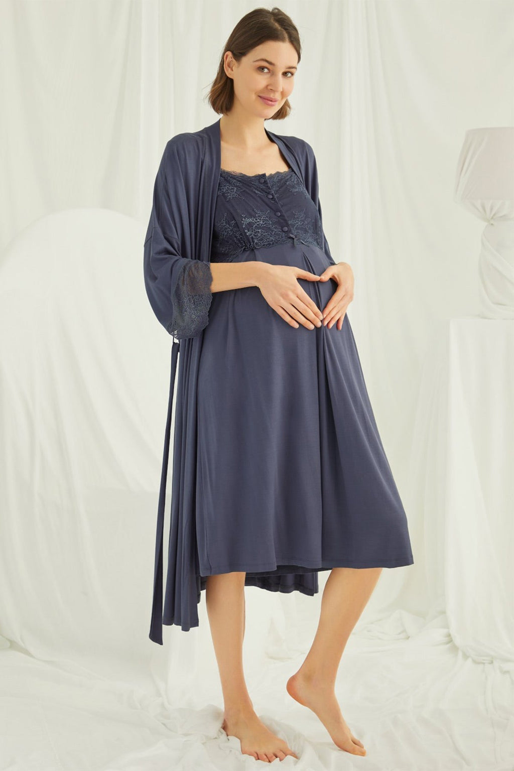 Lace Shoulder 4-Piece Maternity-Nursing Set Navy Blue - 210305