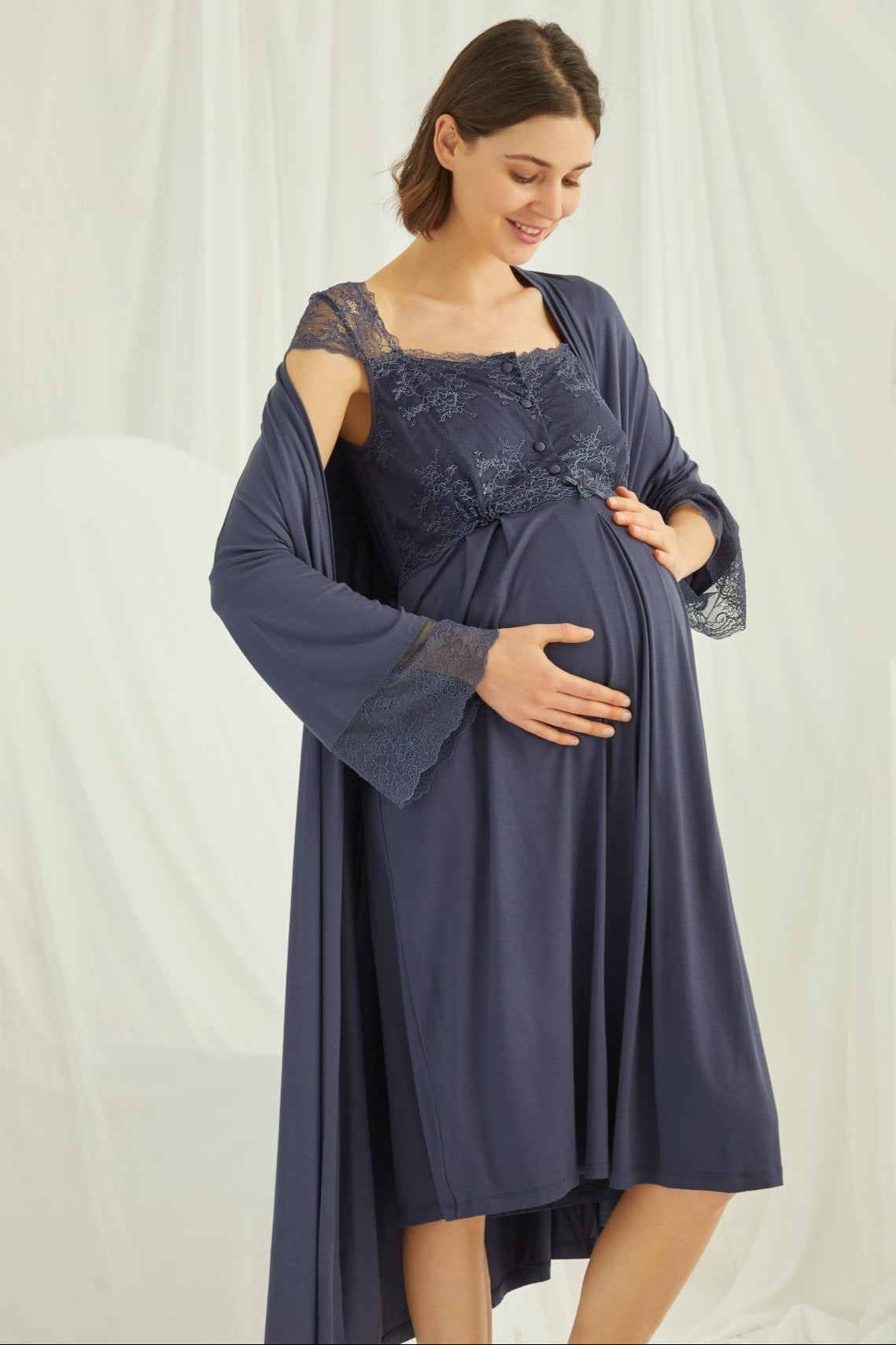 Lace Shoulder 4-Piece Maternity-Nursing Set Navy Blue - 210305