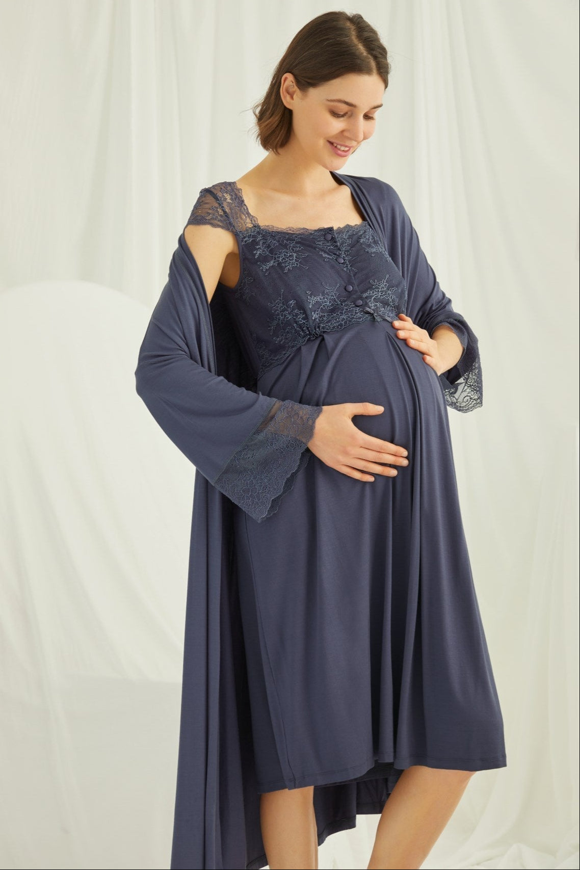 Lace Shoulder Maternity Feeding-Friendly Nightgown & Robe Set Navy Blue - E18210