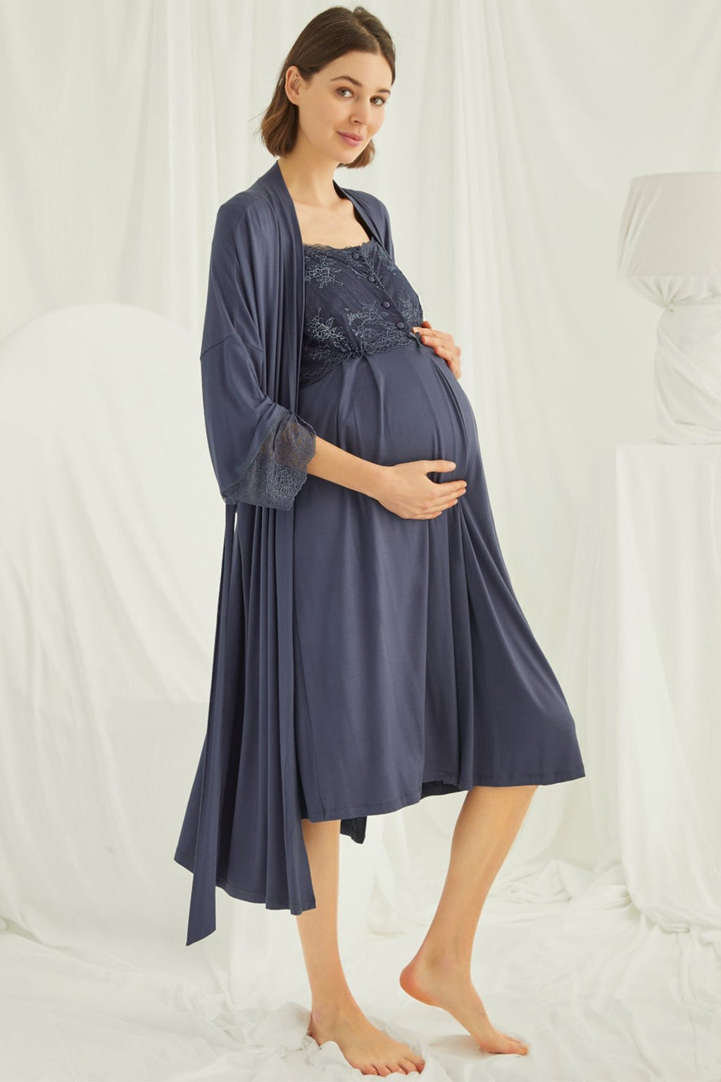 Lace Shoulder 4-Piece Maternity-Nursing Set Navy Blue - 210305