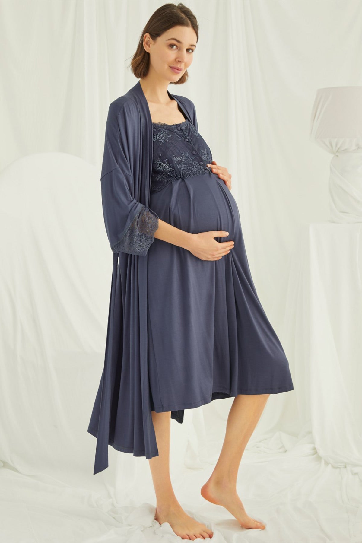 Lace Shoulder 4-Piece Maternity-Nursing Set Navy Blue - 210305
