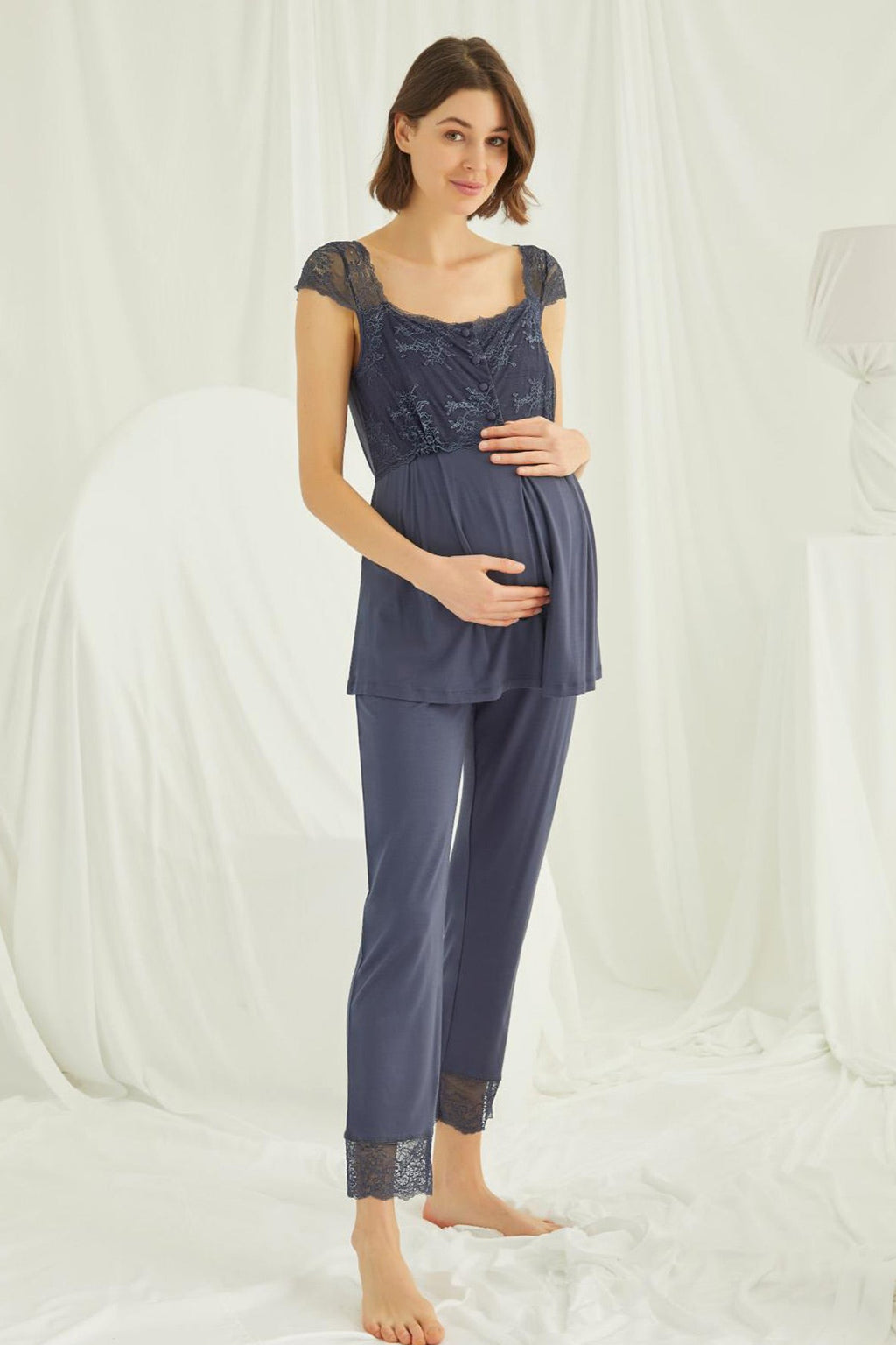 Lace Shoulder 3-Piece Maternity Feeding-Friendly Pajama & Robe Set Navy Blue - E18211