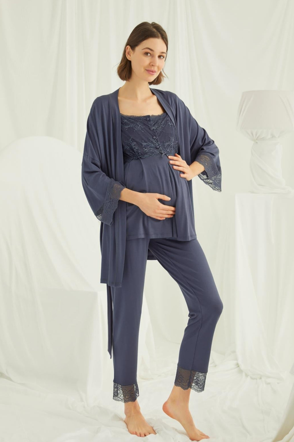 Lace Shoulder 3-Piece Maternity Feeding-Friendly Pajama & Robe Set Navy Blue - E18211