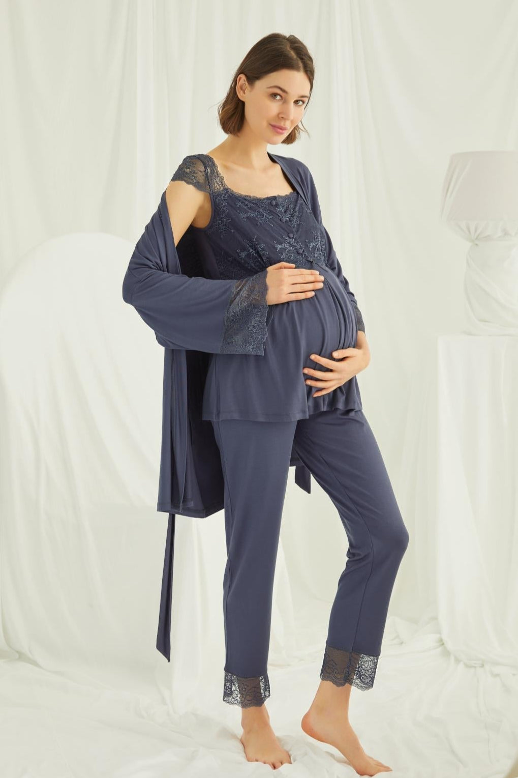 Lace Shoulder 3-Piece Maternity Feeding-Friendly Pajama & Robe Set Navy Blue - E18211