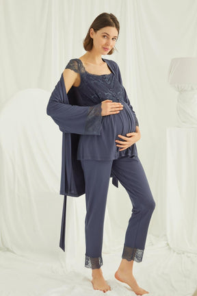 Lace Shoulder 3-Piece Maternity-Nursing Pajama & Robe Set Navy Blue - 18211