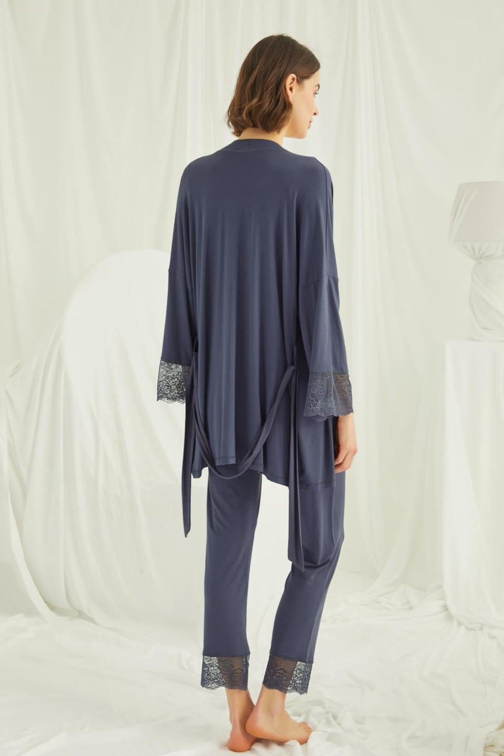 Lace Shoulder 3-Piece Maternity Feeding-Friendly Pajama & Robe Set Navy Blue - E18211