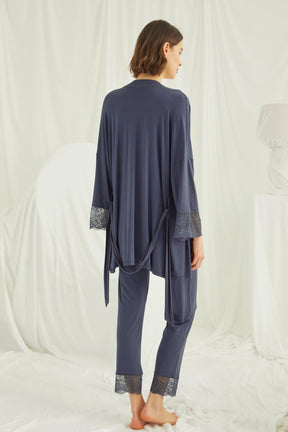 Lace Shoulder 3-Piece Maternity-Nursing Pajama & Robe Set Navy Blue - 18211