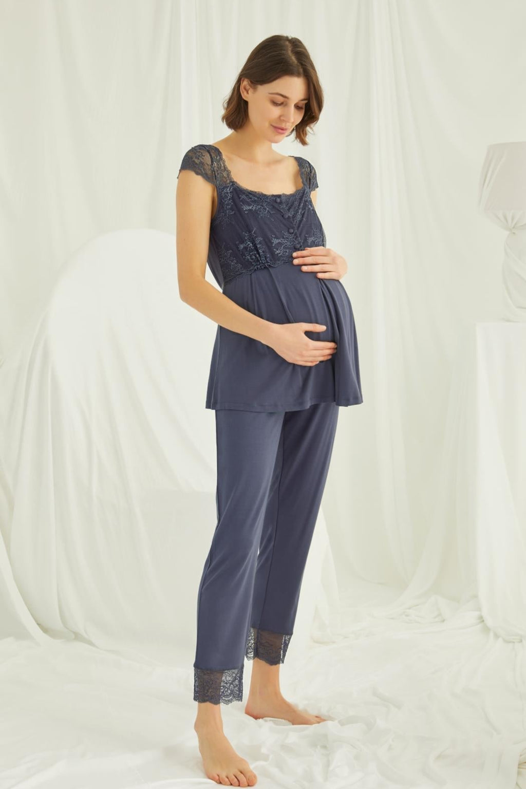 Lace Shoulder 3-Piece Maternity Feeding-Friendly Pajama & Robe Set Navy Blue - E18211