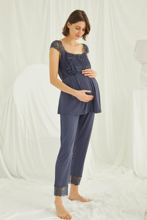 Lace Shoulder 3-Piece Maternity-Nursing Pajama & Robe Set Navy Blue - 18211