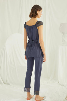 Lace Shoulder 3-Piece Maternity-Nursing Pajama & Robe Set Navy Blue - 18211