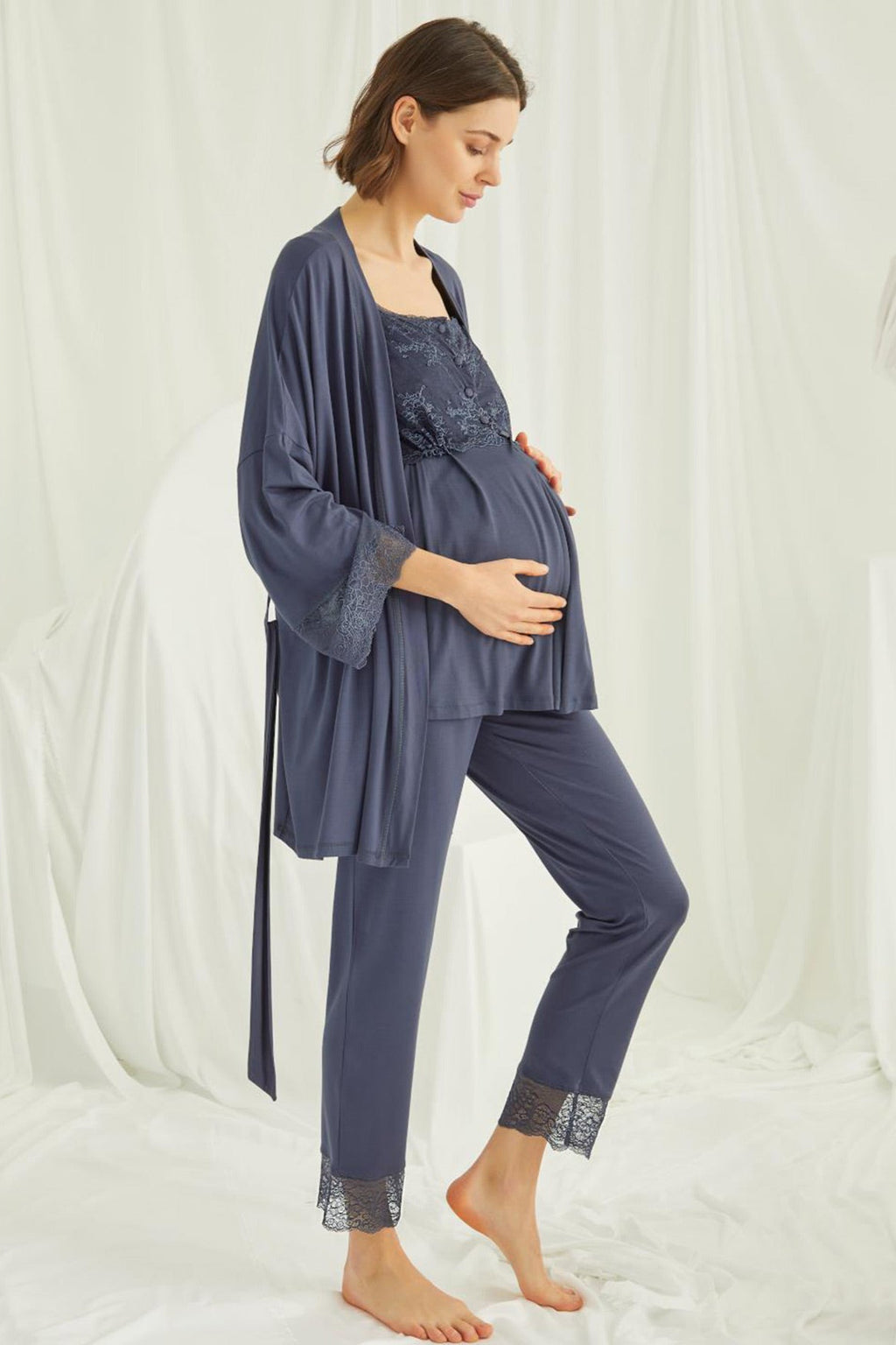 Lace Shoulder 3-Piece Maternity Feeding-Friendly Pajama & Robe Set Navy Blue - E18211