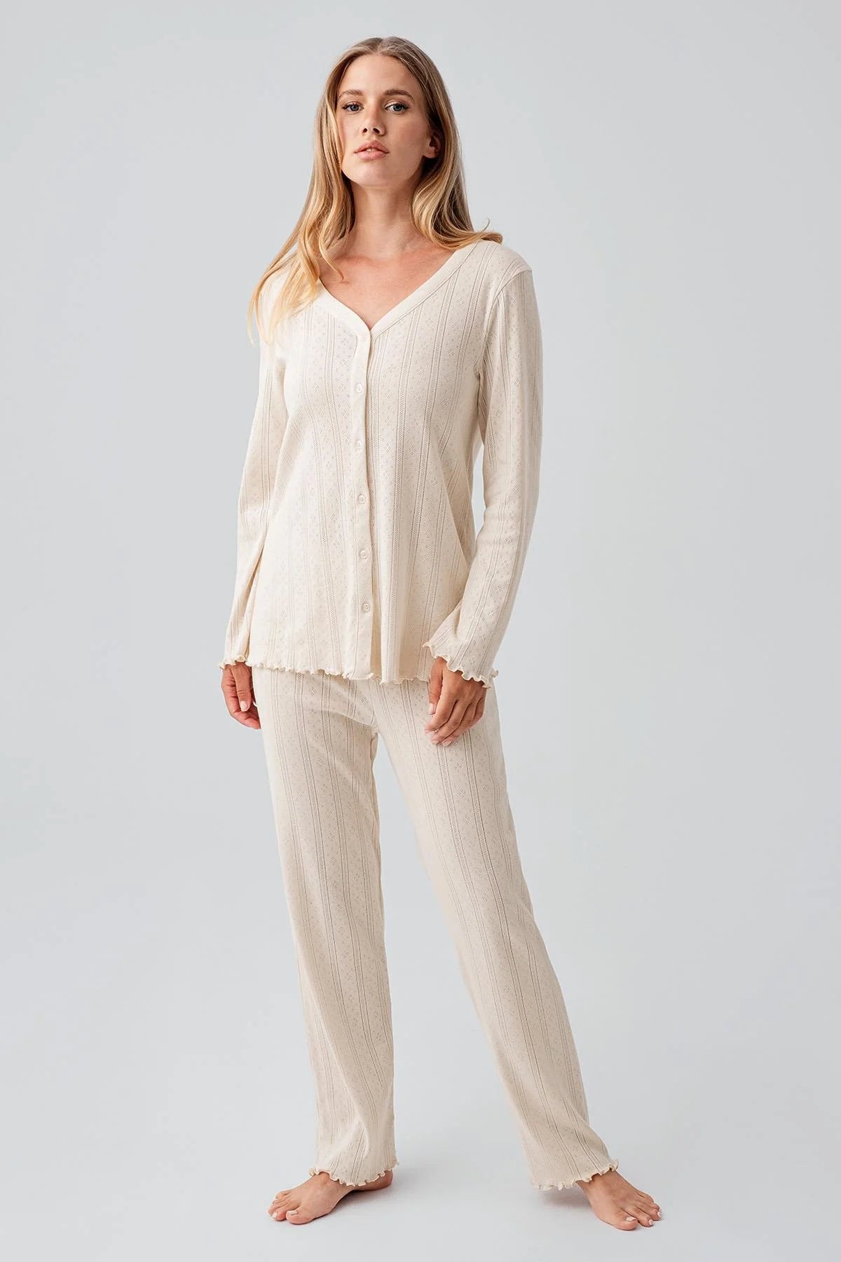 Pleated Cellular Cotton Maternity & Nursing Pajama Set Beige - 18214