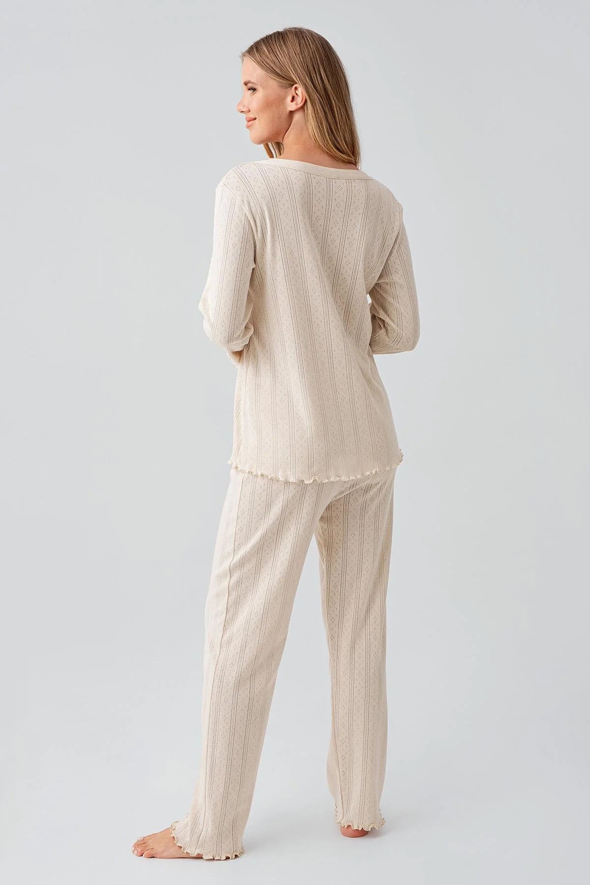 Pleated Cellular Cotton Maternity & Nursing Pajama Set Beige - 18214