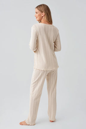 Pleated Cellular Cotton Maternity & Nursing Pajama Set Beige - 18214