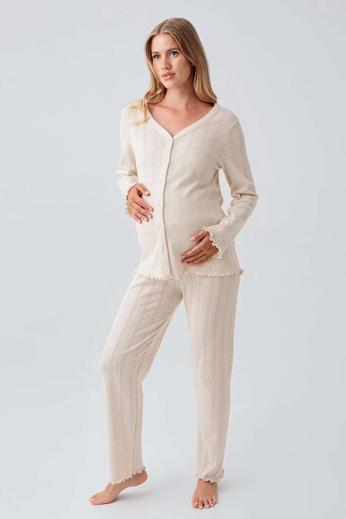 Pleated Cellular Cotton Maternity & Nursing Pajama Set Beige - 18214