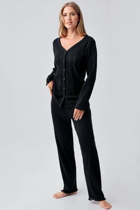 Pleated Cellular Cotton Maternity & Nursing Pajama Set Black - 18214