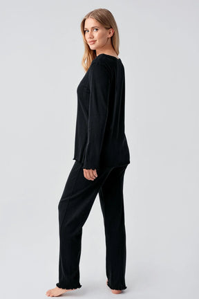 Pleated Cellular Cotton Maternity & Nursing Pajama Set Black - 18214